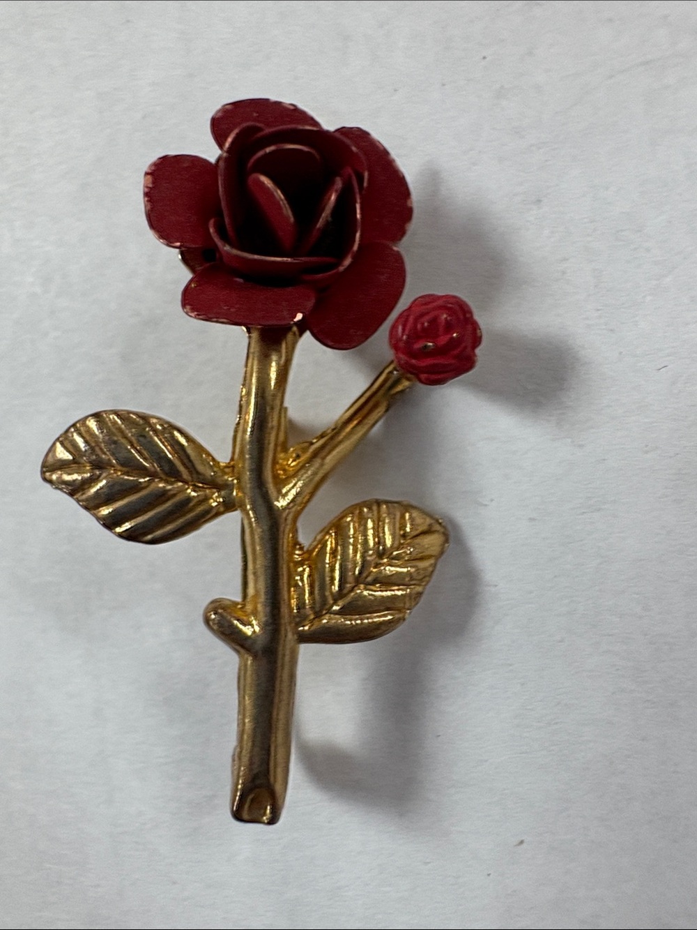 Gold-tone Rose Brooch with Red Enamel Flower